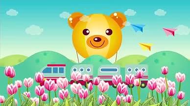 浪漫花朵可爱小熊头火车卡通动画儿童节背景视频的预览图